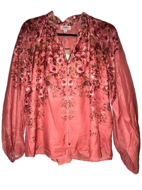 Umgee Coral Pink Floral V-Neck Button Front Blouse